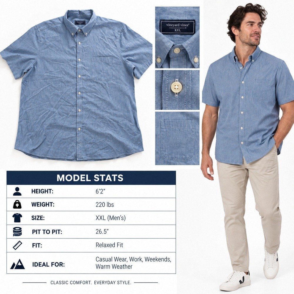 Vineyard Vines Mens XXL Blue Cotton Chambray Short Sleeve Button Down Shirt 1086